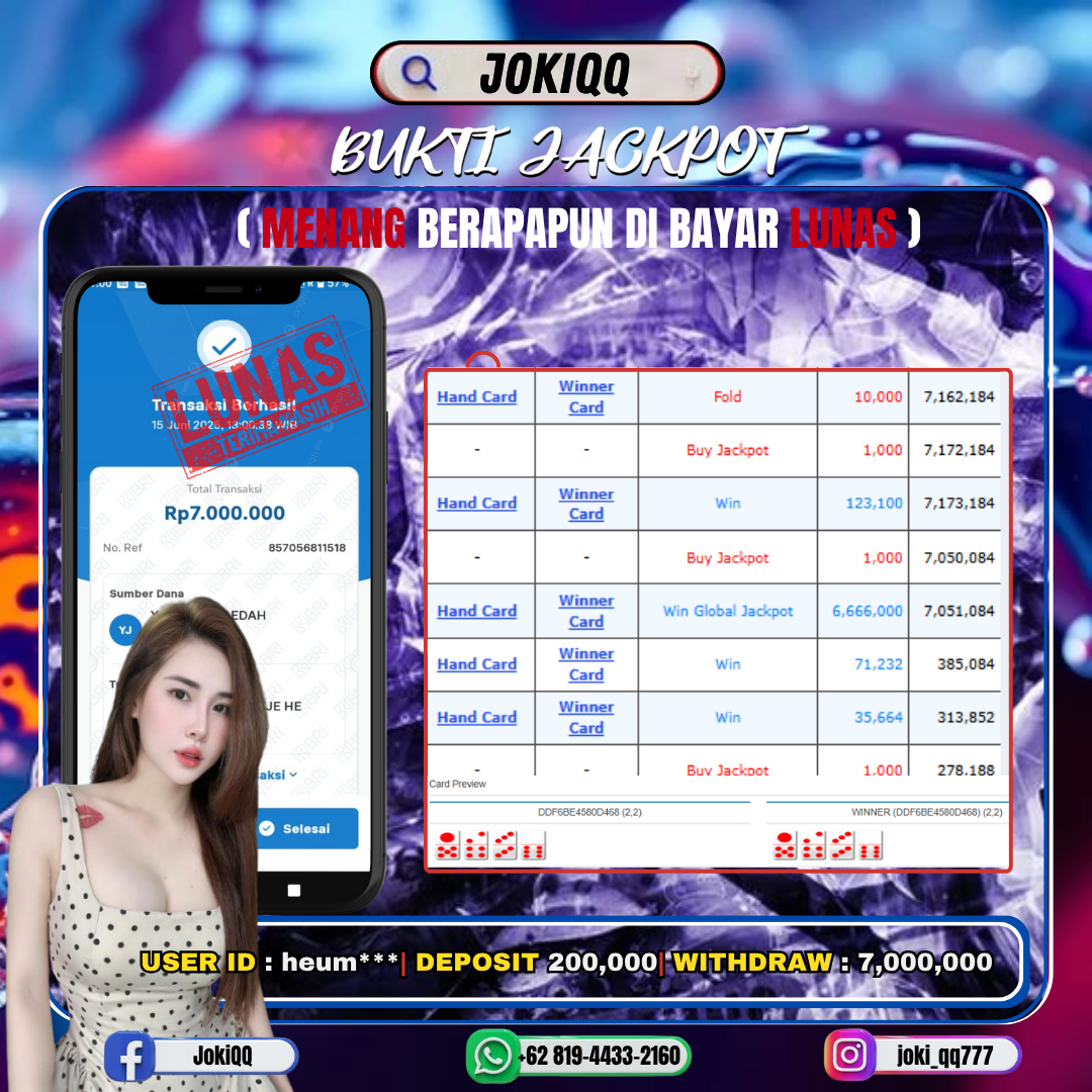 JOKIQQ BUKTI KEMENAGAN GLOBAL JACKPOT  Rp.,7,162,184.,-